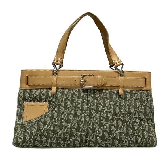 Auth DIOR/ChristianDior Trotteur Khaki Cream Beige Jacquard Leather Tote Bag - Picture 1 of 16